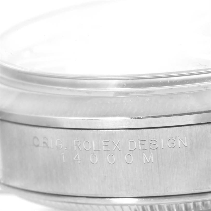 The image shows a close-up side view of the case of a Rolex Air-King 14000 Men's Stainless Steel Black Dial 14000 Men's Stainless Steel Black Dial model, highlighting the engraved lettering.