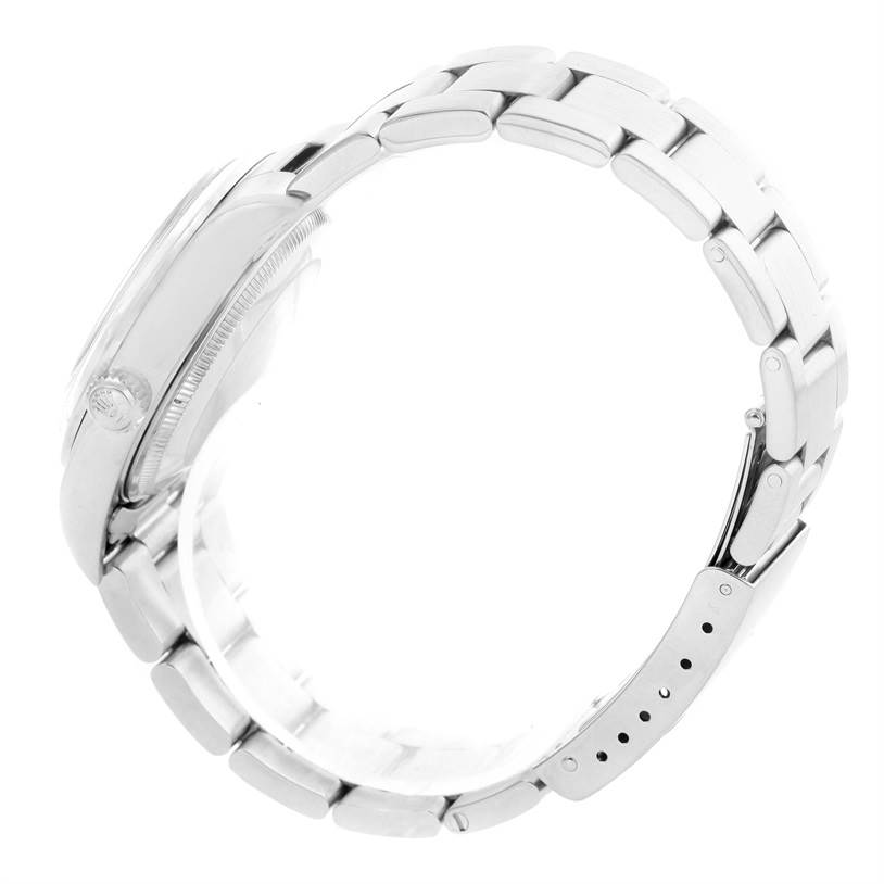 This side angle view of the Rolex Air-King 14000 Men's Stainless Steel Black Dial 14000 Men's Stainless Steel Black Dial watch shows the bracelet and side profile of the case.