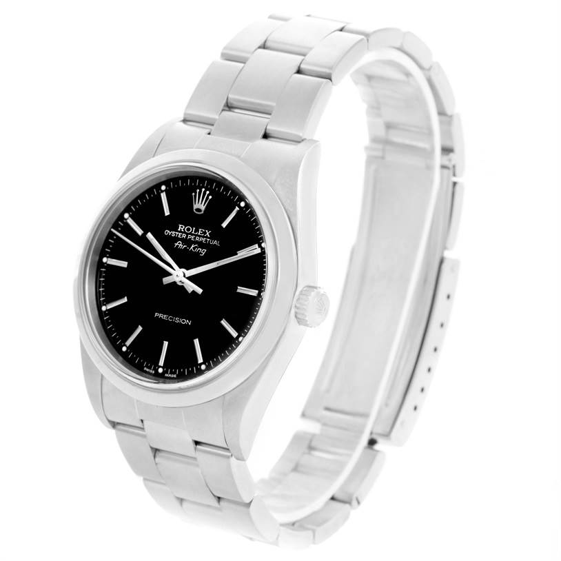 The image shows a side view of a Rolex Air-King 14000 Men's Stainless Steel Black Dial 14000 Men's Stainless Steel Black Dial watch, highlighting its face, crown, and metal bracelet.