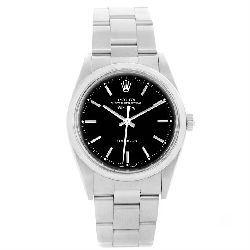 The image shows a front view of a Rolex Air-King 14000 Men's Stainless Steel Black Dial 14000 Men's Stainless Steel Black Dial watch, displaying its face, bezel, and stainless steel bracelet.