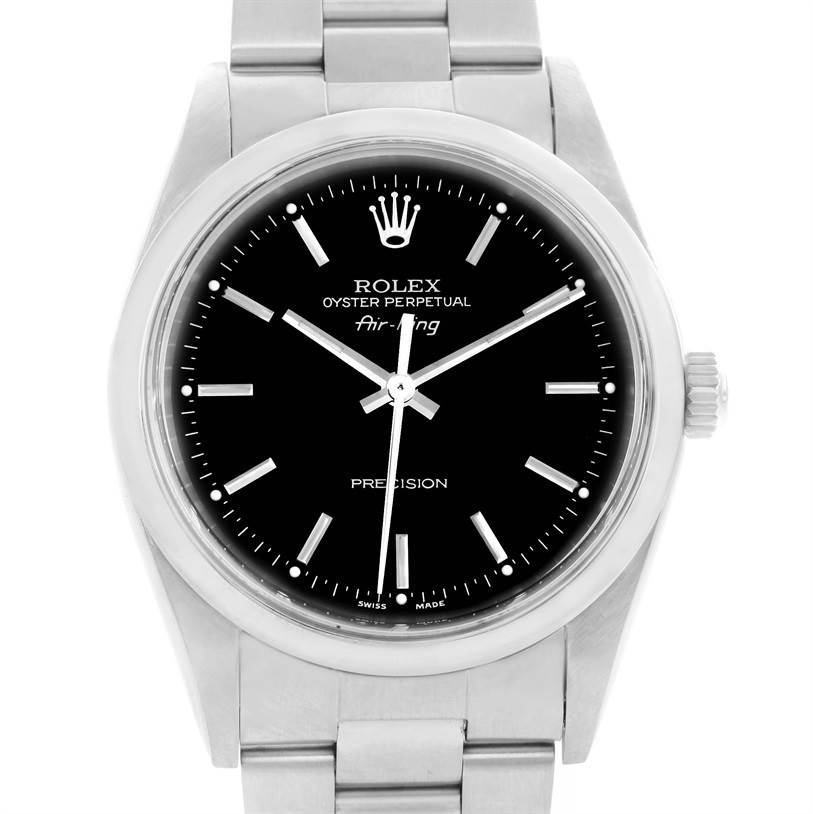 The image shows a frontal view of the Rolex Air-King 14000 Men's Stainless Steel Black Dial 14000 Men's Stainless Steel Black Dial watch, highlighting its black dial, markers, and stainless steel bracelet.