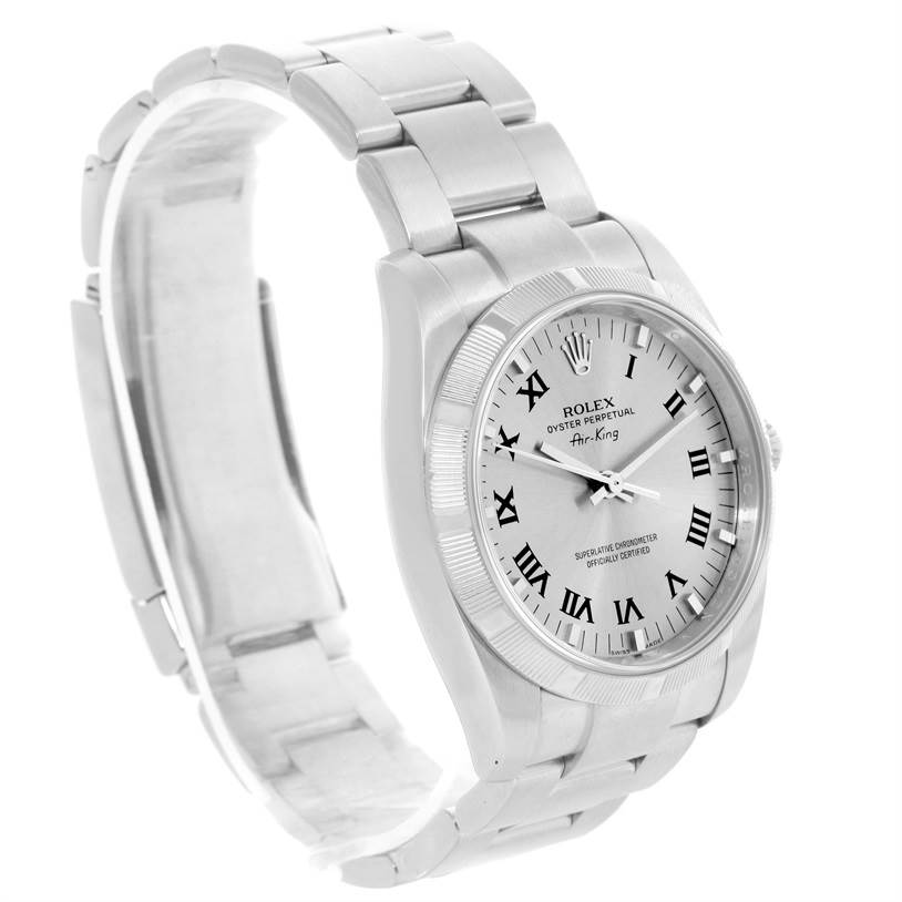 This image shows a Rolex Air-King 114210 Men's Stainless Steel Silver Dial 114210 Men's Stainless Steel Silver Dial watch at an angle, highlighting the dial, bracelet, and case.