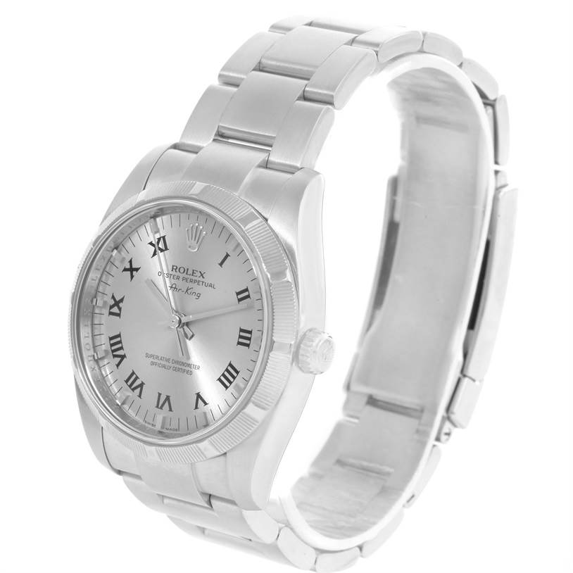 The image shows a Rolex Air-King 114210 Men's Stainless Steel Silver Dial 114210 Men's Stainless Steel Silver Dial watch angled from the front-left, displaying the face, bezel, crown, and bracelet.