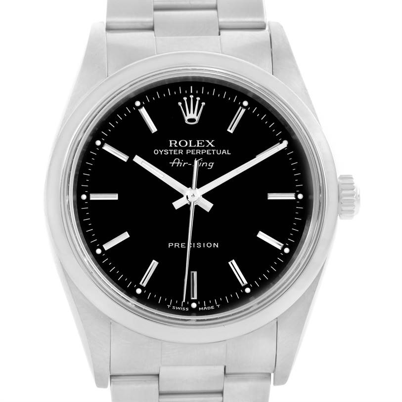 The image shows a front view of the Rolex Air-King 14000 Men's Stainless Steel Black Dial 14000 Men's Stainless Steel Black Dial watch, highlighting its black dial, silver hour markers, and stainless steel bracelet.