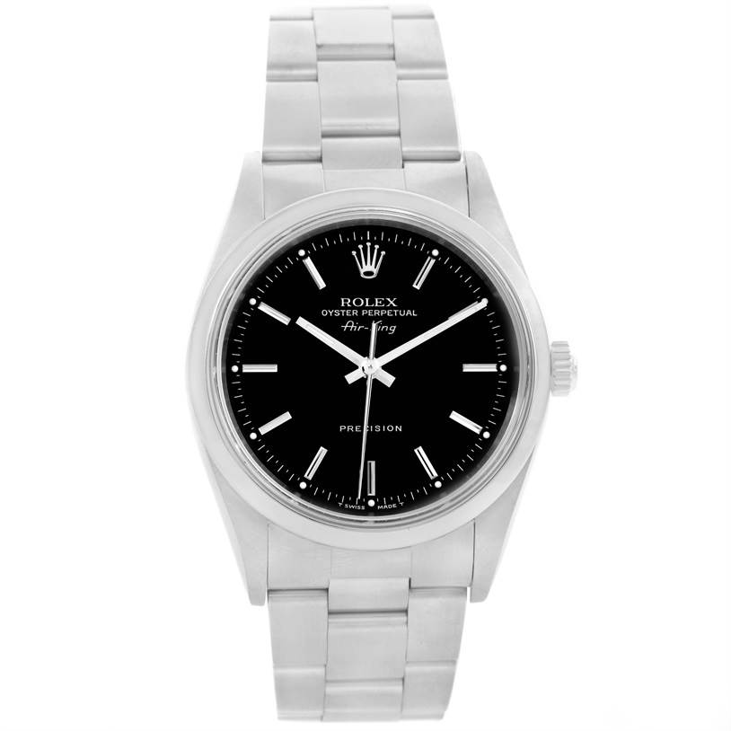 The image shows a full front view of the Rolex Air-King 14000 Men's Stainless Steel Black Dial 14000 Men's Stainless Steel Black Dial watch, displaying the face, bezel, and metal bracelet.