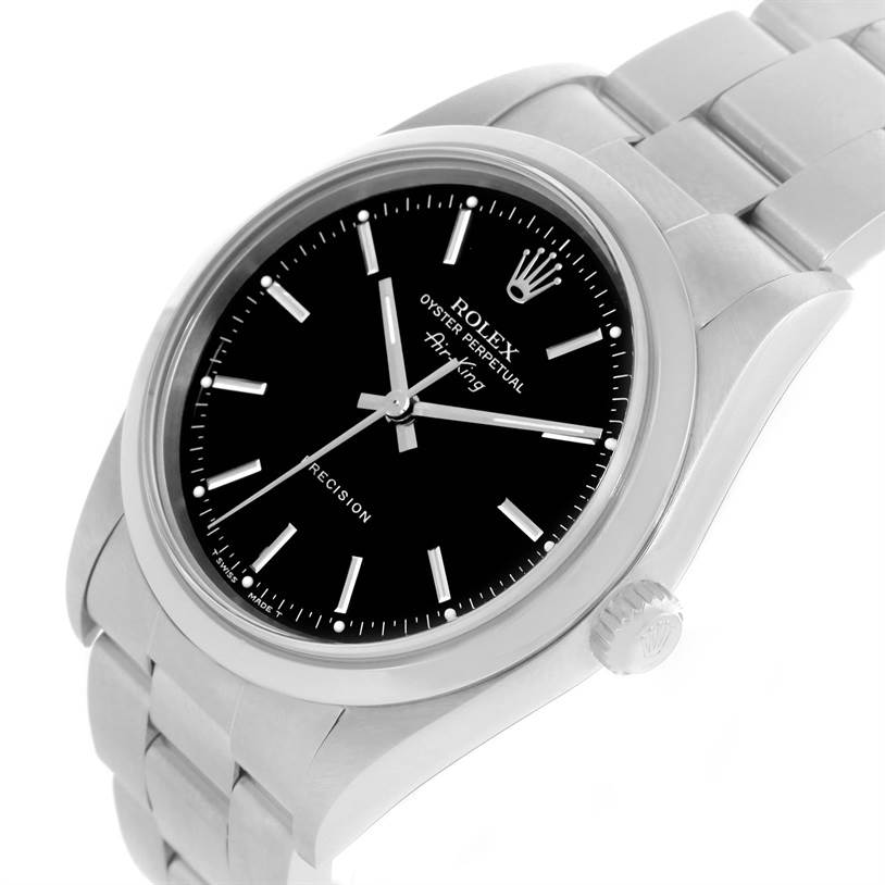 The image shows a Rolex Air-King 14000 Men's Stainless Steel Black Dial 14000 Men's Stainless Steel Black Dial watch angled to display its face, crown, and part of the bracelet.