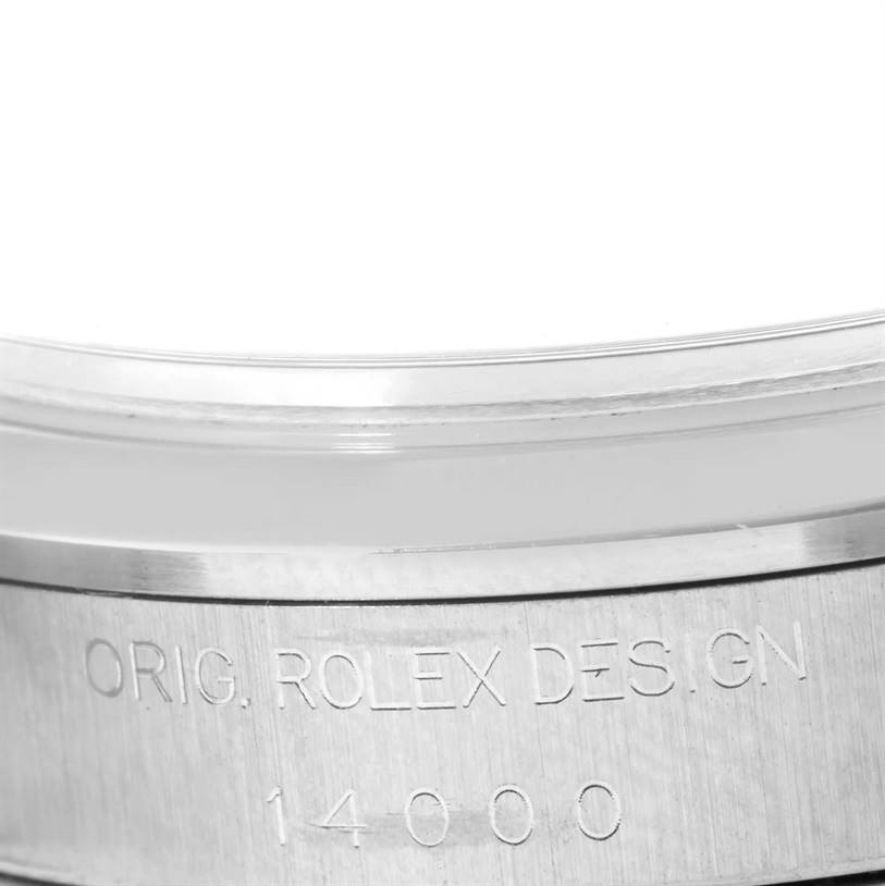 This image shows a close-up of the side of a Rolex Air-King 14000 Men's Stainless Steel Black Dial 14000 Men's Stainless Steel Black Dial watch, displaying the engraved model number and brand marking.