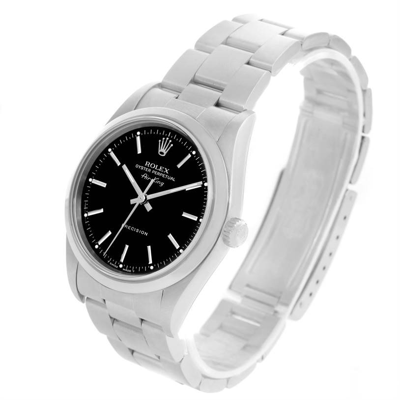 This image shows a Rolex Air-King 14000 Men's Stainless Steel Black Dial 14000 Men's Stainless Steel Black Dial watch at an angled view, highlighting its black dial and stainless steel bracelet.