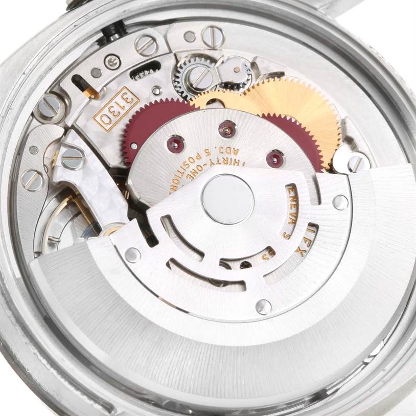 This image shows the inner mechanical movement and gears of the Rolex Air-King 114200 Men's Stainless Steel Silver Dial 114200 Men's Stainless Steel Silver Dial watch in a close-up angle.