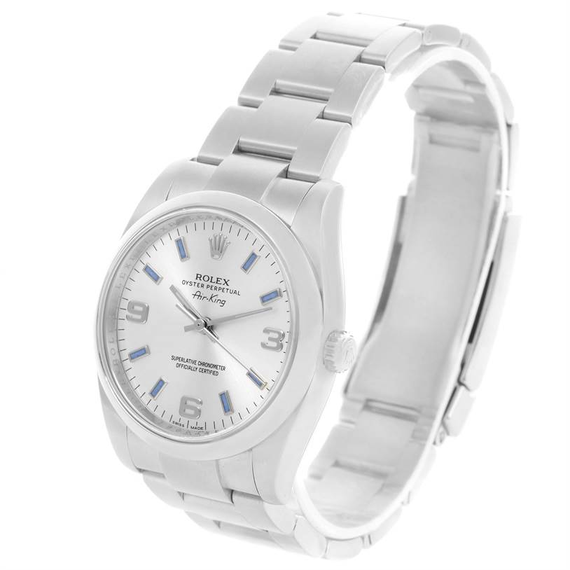 The Rolex Air-King 114200 Men's Stainless Steel Silver Dial 114200 Men's Stainless Steel Silver Dial watch is shown in a three-quarter angle, displaying the face, crown, and bracelet.