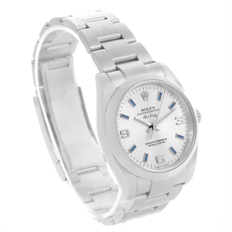 The image shows a Rolex Air-King 114200 Men's Stainless Steel Silver Dial 114200 Men's Stainless Steel Silver Dial watch at a slight angle, highlighting its face, bezel, and metal bracelet.