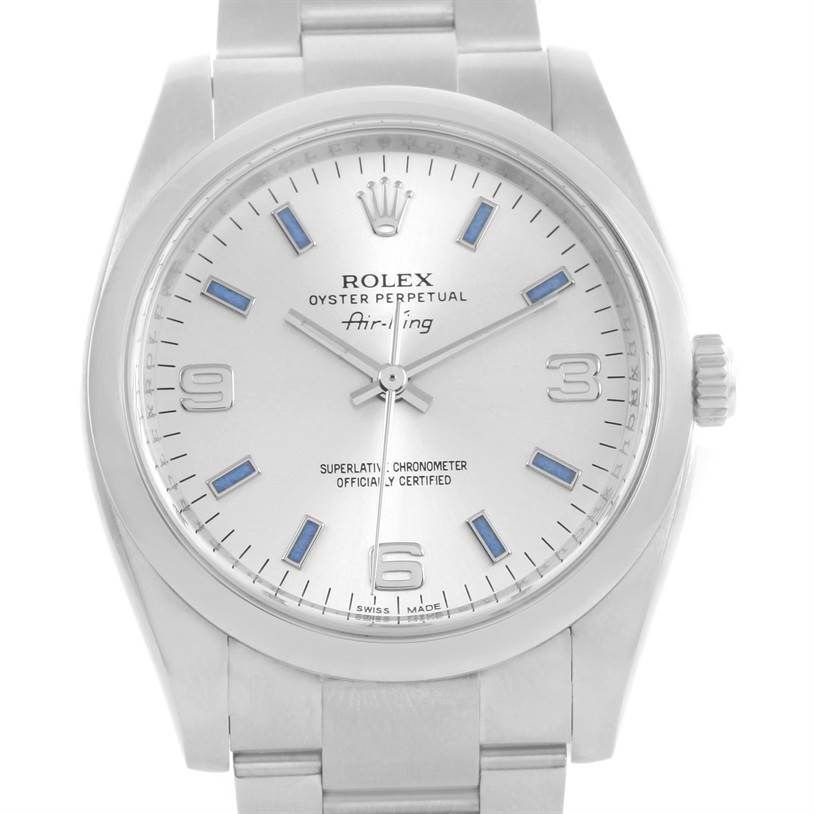 This image shows a front view of a Rolex Air-King 114200 Men's Stainless Steel Silver Dial 114200 Men's Stainless Steel Silver Dial watch, highlighting its dial, hands, crown, and part of the bracelet.