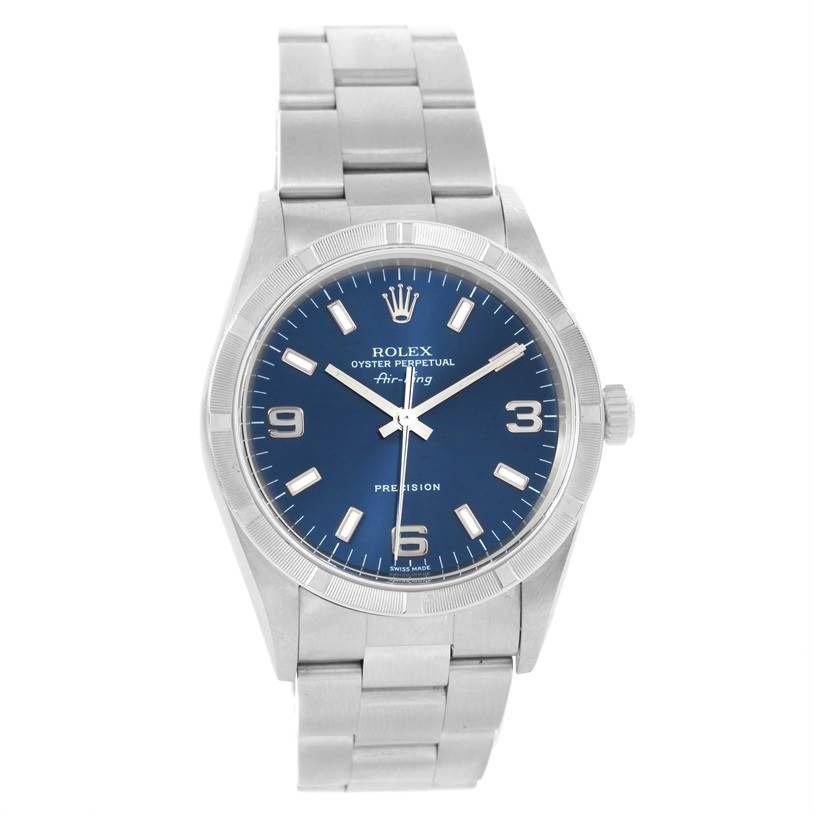 The Rolex Air-King 14010 Men's Stainless Steel Blue Dial 14010 Men's Stainless Steel Blue Dial watch is shown from the front angle, displaying its blue dial, silver markers, and stainless steel bracelet.