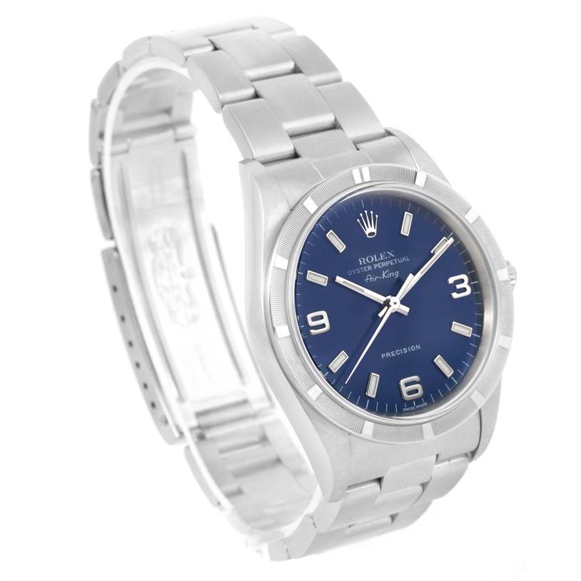 The image shows a Rolex Air-King 14010 Men's Stainless Steel Blue Dial 14010 Men's Stainless Steel Blue Dial watch at an angled view, highlighting the dial, bezel, bracelet, and clasp.