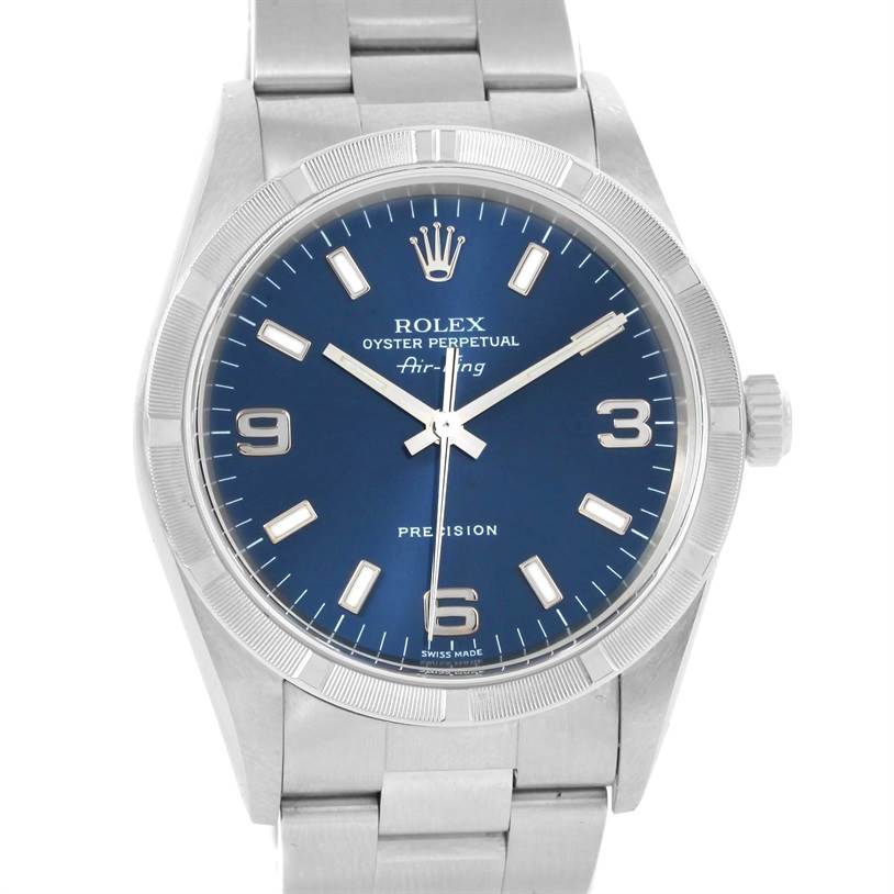 The image shows a front view of a Rolex Air-King 14010 Men's Stainless Steel Blue Dial 14010 Men's Stainless Steel Blue Dial watch, highlighting the blue dial, crown, bezel, and stainless steel bracelet.