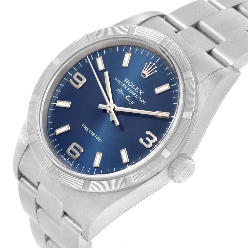 The Rolex Air-King 14010 Men's Stainless Steel Blue Dial 14010 Men's Stainless Steel Blue Dial watch is shown at an angled view displaying its blue face and stainless steel bracelet.