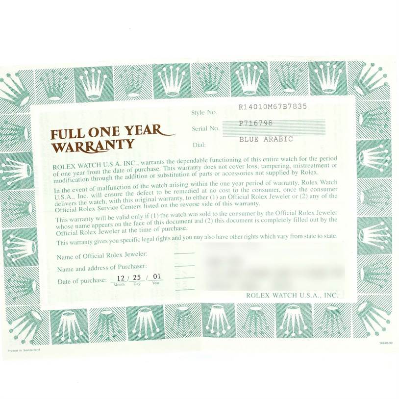 The image shows a full one-year warranty certificate for a Rolex Air-King 14010 Men's Stainless Steel Blue Dial 14010 Men's Stainless Steel Blue Dial watch, including model details and purchase date.