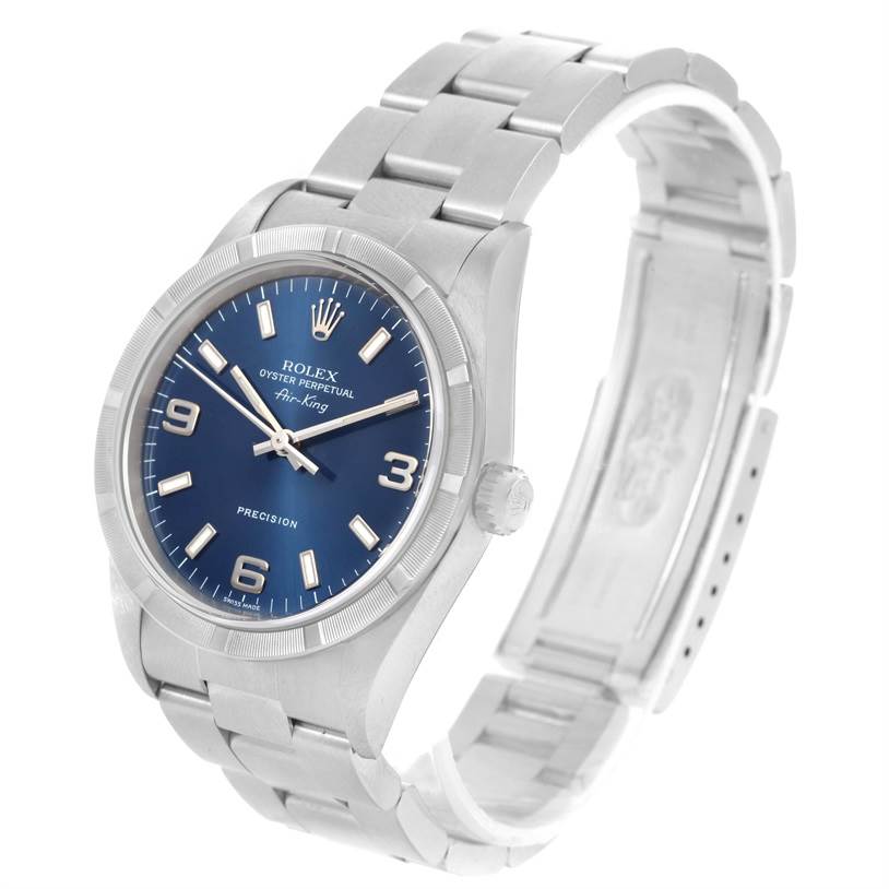 The image shows an angled view of the Rolex Air-King 14010 Men's Stainless Steel Blue Dial 14010 Men's Stainless Steel Blue Dial watch, highlighting its face, bezel, crown, and metal bracelet.