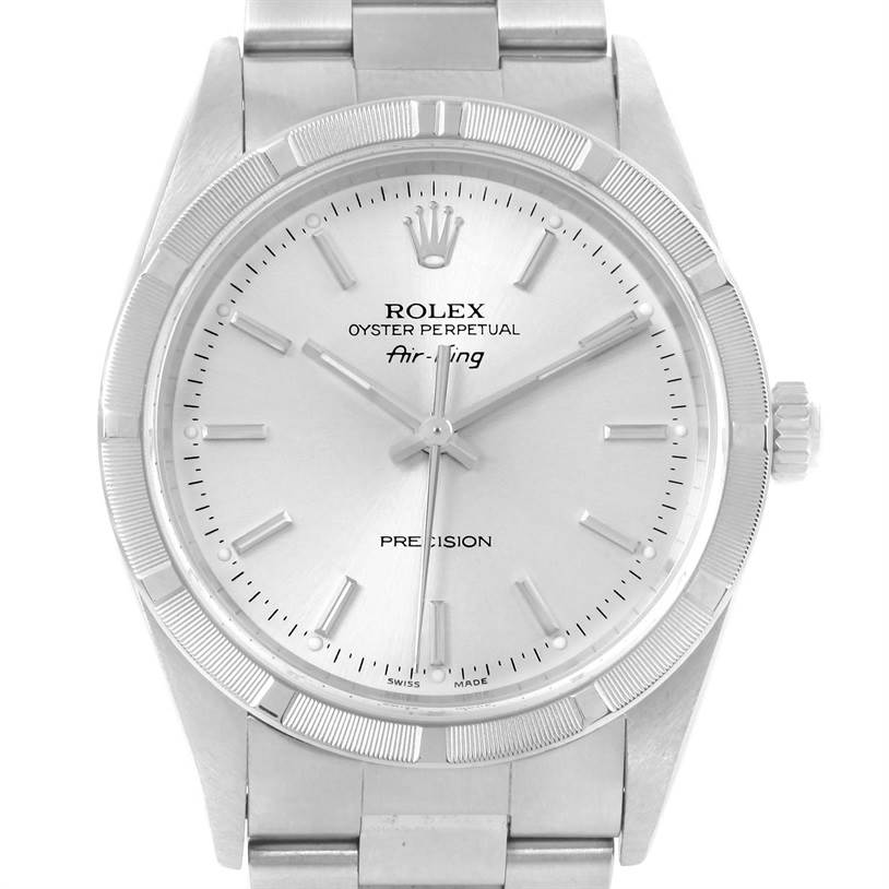 The image shows a front view of the Rolex Air-King 14010 Men's Stainless Steel Silver Dial 14010 Men's Stainless Steel Silver Dial watch, displaying its full dial, bezel, and part of the bracelet.