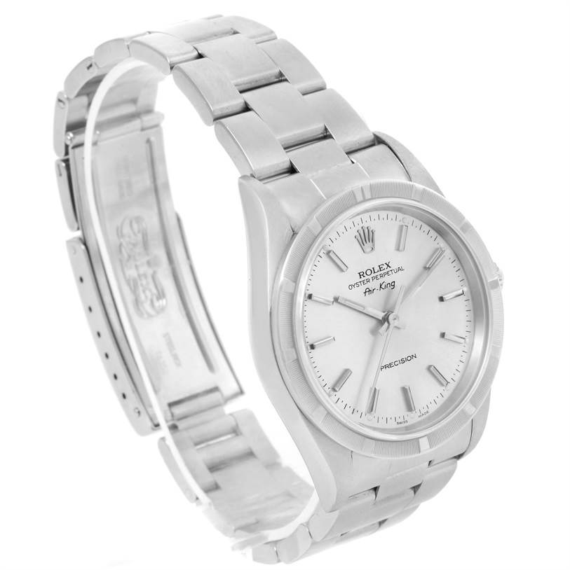 The image shows a Rolex Air-King 14010 Men's Stainless Steel Silver Dial 14010 Men's Stainless Steel Silver Dial watch in a three-quarter angle with its face, bracelet, and partially open clasp visible.