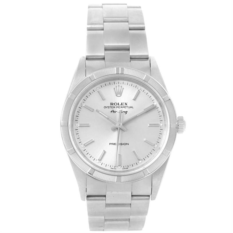 The image shows a front view of a Rolex Air-King 14010 Men's Stainless Steel Silver Dial 14010 Men's Stainless Steel Silver Dial watch, displaying its dial, hands, bezel, and metal bracelet.