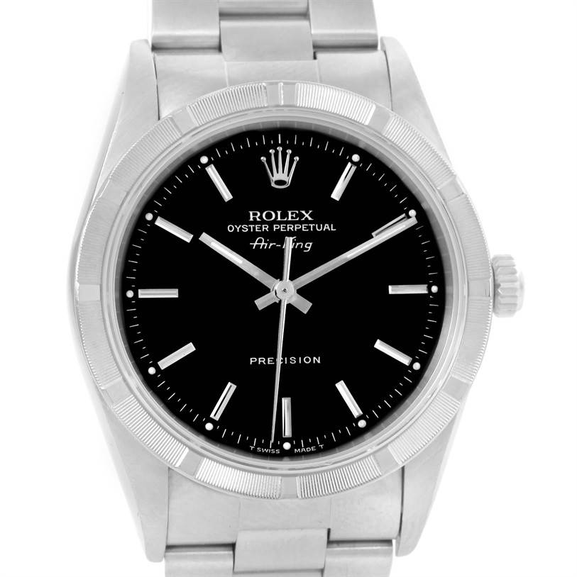 The image shows a head-on view of the Rolex Air-King 14010 Men's Stainless Steel Black Dial 14010 Men's Stainless Steel Black Dial watch, featuring its dial, bezel, and part of the bracelet.