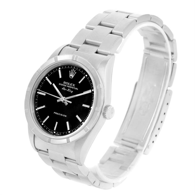 The image shows a Rolex Air-King 14010 Men's Stainless Steel Black Dial 14010 Men's Stainless Steel Black Dial watch from a tilted side angle, highlighting the dial, bezel, crown, and bracelet.