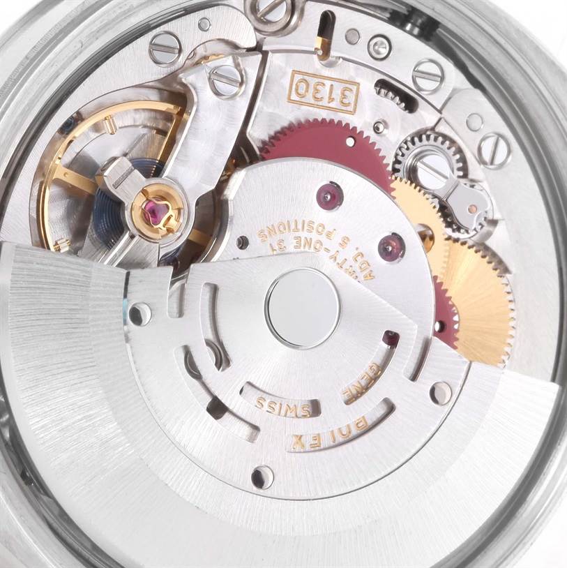 This is a close-up view of the inner mechanical movement of the Rolex Air-King 114200 Men's Stainless Steel Silver Dial 114200 Men's Stainless Steel Silver Dial watch, showcasing gears and components.