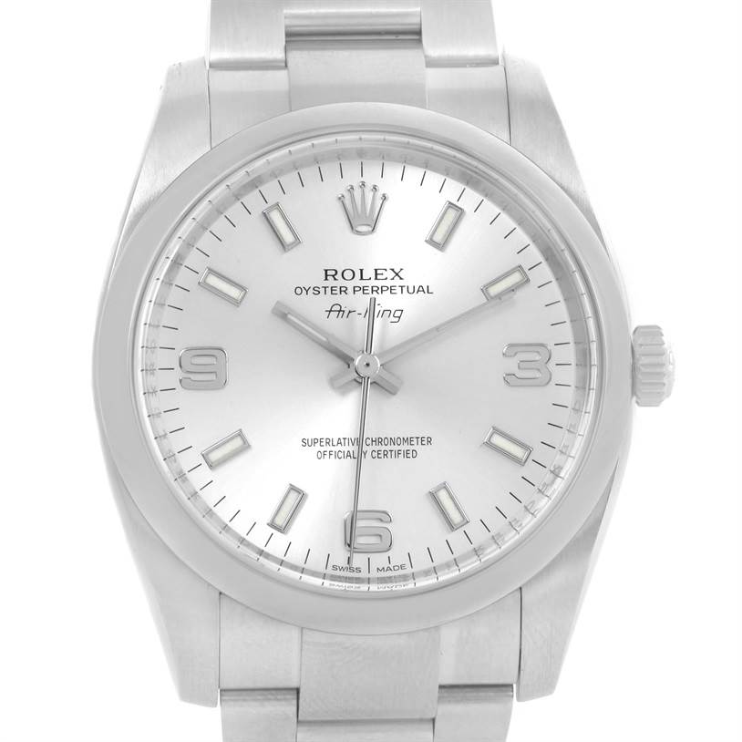 The image shows a front view of a Rolex Air-King 114200 Men's Stainless Steel Silver Dial 114200 Men's Stainless Steel Silver Dial watch, highlighting its face, bezel, and part of the bracelet.
