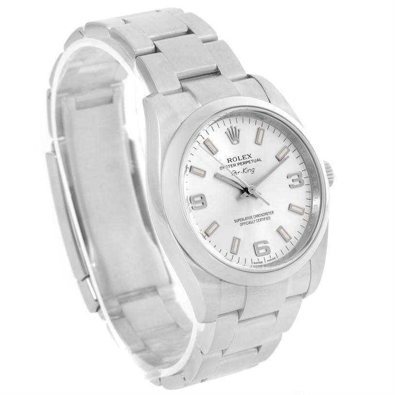 The image shows a Rolex Air-King 114200 Men's Stainless Steel Silver Dial 114200 Men's Stainless Steel Silver Dial watch taken at a three-quarter angle, displaying the face, bezel, case, and part of the bracelet.
