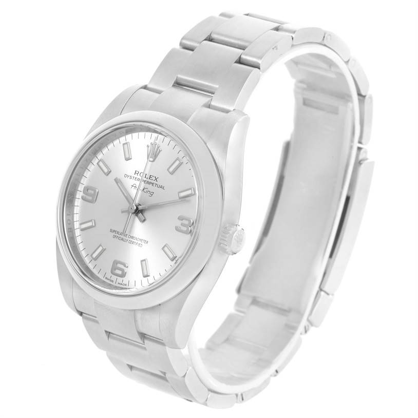 This Air-King model by Rolex is shown from a right-side angle, displaying the face, hour markers, hands, and part of the bracelet.