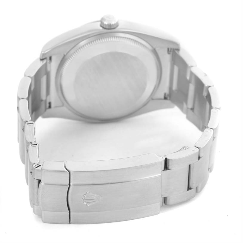 This image shows the back and clasp of a Rolex Air-King 114200 Men's Stainless Steel Silver Dial 114200 Men's Stainless Steel Silver Dial watch from a rear angle.