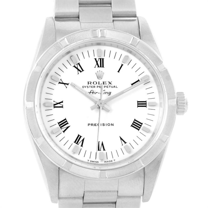 The image displays a front view of the Rolex Air-King 14010 Men's Stainless Steel White Dial 14010 Men's Stainless Steel White Dial watch, highlighting the dial, bezel, and bracelet.