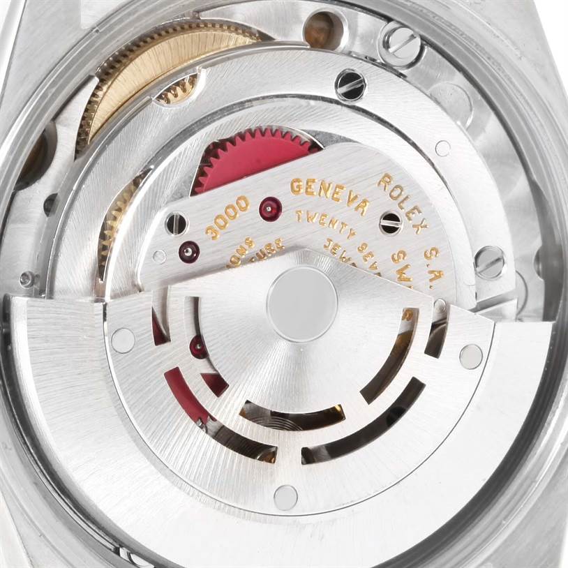 The image shows a close-up view of the movement and internal mechanisms of a Rolex Air-King 14000 Men's Stainless Steel Blue Dial 14000 Men's Stainless Steel Blue Dial watch.