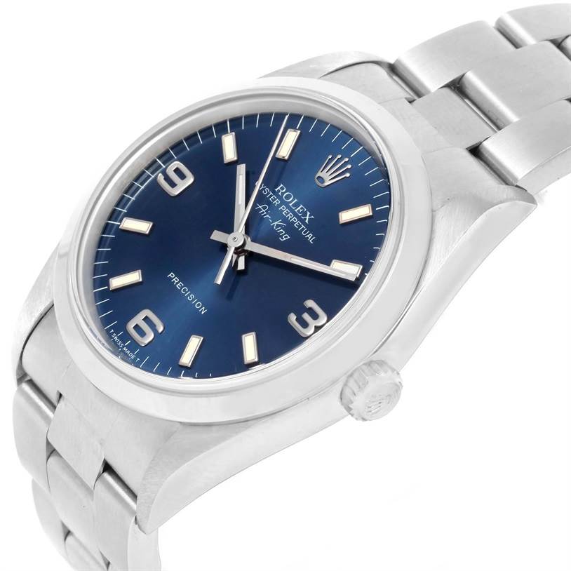 This Rolex Air-King 14000 Men's Stainless Steel Blue Dial 14000 Men's Stainless Steel Blue Dial watch is shown from an angled close-up displaying the bracelet, crown, and dial with its blue face and silver markers.