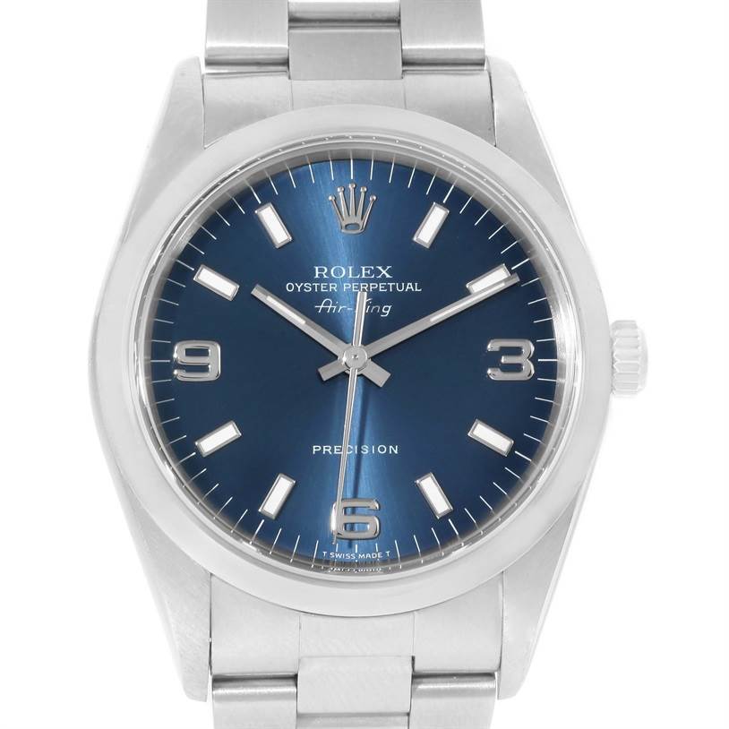 This image shows a frontal view of the Rolex Air-King 14000 Men's Stainless Steel Blue Dial 14000 Men's Stainless Steel Blue Dial watch, displaying its blue dial, hour markers, and stainless steel bracelet.