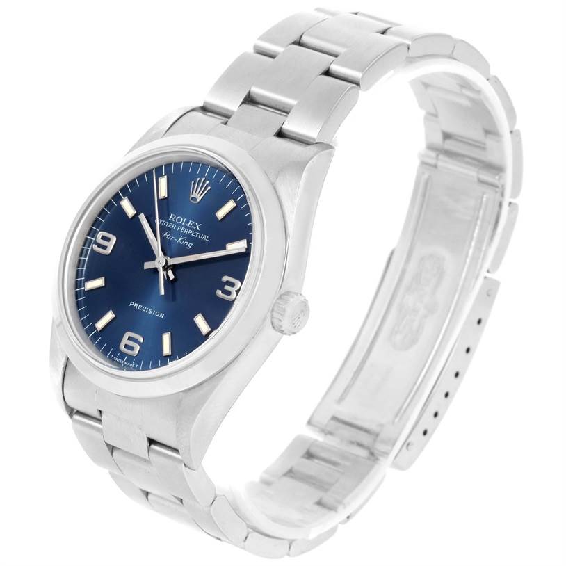 The image shows a Rolex Air-King 14000 Men's Stainless Steel Blue Dial 14000 Men's Stainless Steel Blue Dial watch at a slight angle, highlighting its blue dial, stainless steel case, and bracelet.