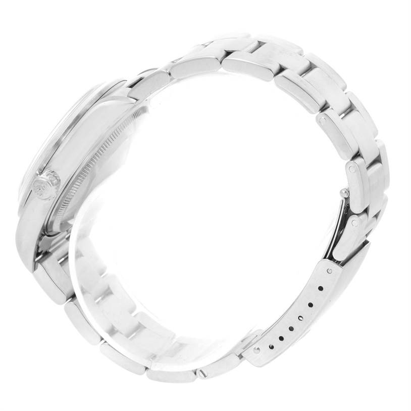 The image shows the side view of a Rolex Air-King 14000 Men's Stainless Steel Blue Dial 14000 Men's Stainless Steel Blue Dial watch focusing on the bracelet and partially open clasp.