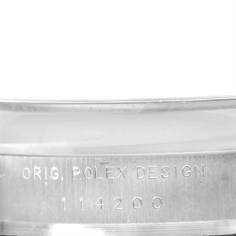 This image shows a close-up of the case side detailing, including the model number of the Rolex Air-King 114200 Men's Stainless Steel Blue Dial 114200 Men's Stainless Steel Blue Dial watch.