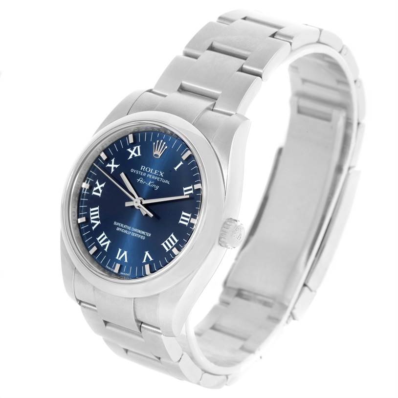 The Rolex Air-King 114200 Men's Stainless Steel Blue Dial 114200 Men's Stainless Steel Blue Dial watch is shown at a slight angle, displaying its blue dial, bracelet, case, and crown.