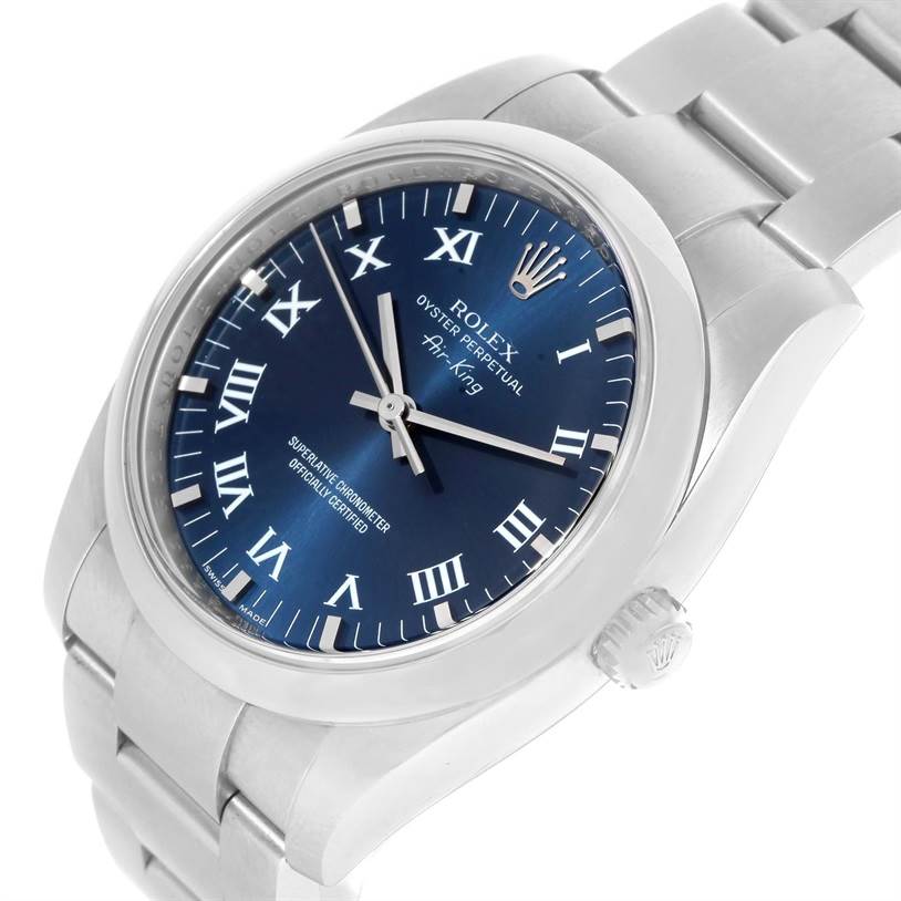 The Rolex Air-King 114200 Men's Stainless Steel Blue Dial 114200 Men's Stainless Steel Blue Dial watch is displayed at a slight angle showing the face, bezel, crown, and part of the bracelet.