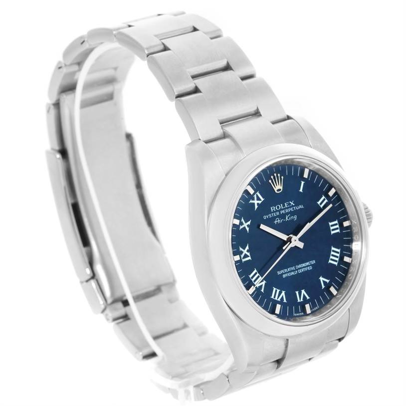 The Rolex Air-King 114200 Men's Stainless Steel Blue Dial 114200 Men's Stainless Steel Blue Dial watch is shown at a three-quarter angle displaying the face, bezel, and part of the bracelet.