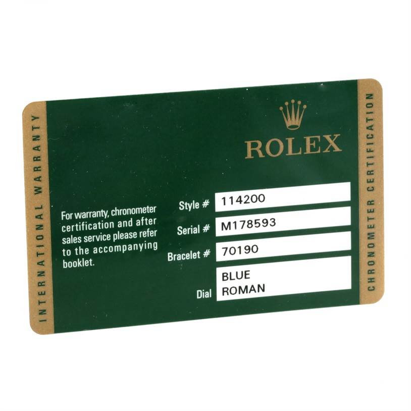 This is the warranty card for the Rolex Air-King 114200 Men's Stainless Steel Blue Dial 114200 Men's Stainless Steel Blue Dial model, showing style, serial, bracelet numbers, and dial type.