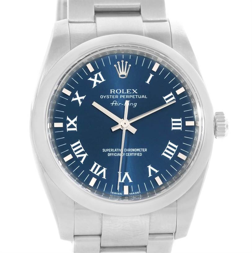 The image shows a front view of a Rolex Air-King 114200 Men's Stainless Steel Blue Dial 114200 Men's Stainless Steel Blue Dial watch, focusing on the dial, hands, crown, and part of the metal bracelet.