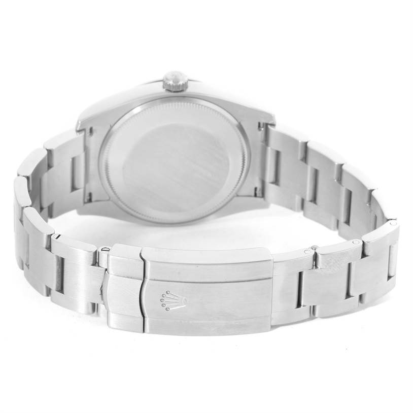 The image shows the back case and metal bracelet of a Rolex Air-King 114200 Men's Stainless Steel Blue Dial 114200 Men's Stainless Steel Blue Dial watch, viewed from the rear.