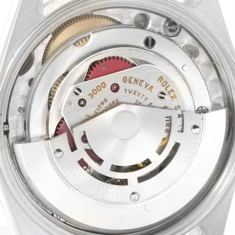 This image shows the internal movement mechanism of a Rolex Air-King 14000 Men's Stainless Steel Pink Dial 14000 Men's Stainless Steel Pink Dial watch, focusing on the gears and inscriptions.
