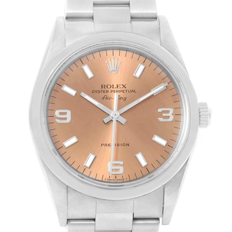 The image shows a front view of a Rolex Air-King watch, highlighting its dial, hour markers, hands, and bracelet.