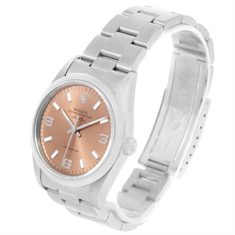 The image shows a Rolex Air-King 14000 Men's Stainless Steel Pink Dial 14000 Men's Stainless Steel Pink Dial watch at a three-quarter angle, highlighting the face, bezel, crown, and bracelet.