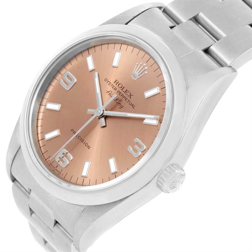 The image shows a Rolex Air-King 14000 Men's Stainless Steel Pink Dial 14000 Men's Stainless Steel Pink Dial watch at a slight angle, highlighting its face, crown, and metal bracelet.
