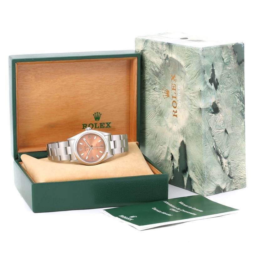 This image shows the Rolex Air-King 14000 Men's Stainless Steel Pink Dial 14000 Men's Stainless Steel Pink Dial watch front and center, placed in an open box with the box lid and packaging visible.